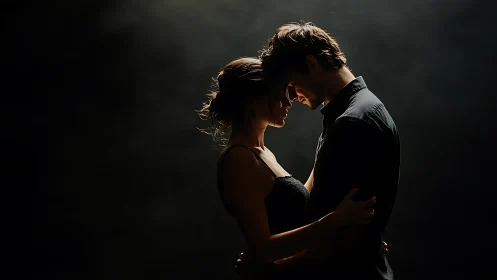 Two figures in backlighting embrace against dark background.