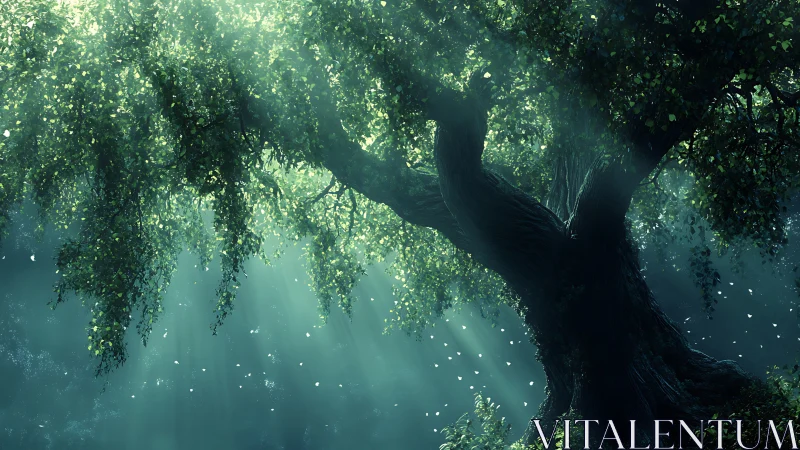 Ancient forest tree rendered in luminous volumetric light