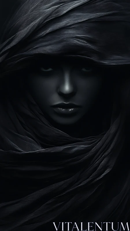 Veiled shadow muse emerging from sculpted midnight folds.