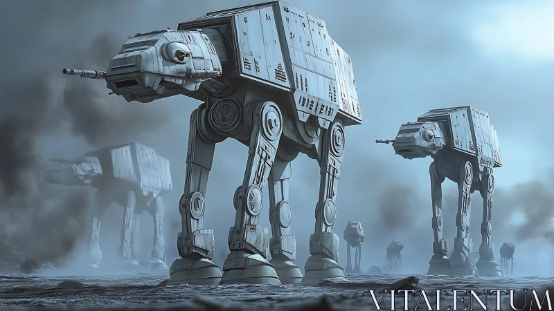 Armored quadruped walkers advance through icy war fog.