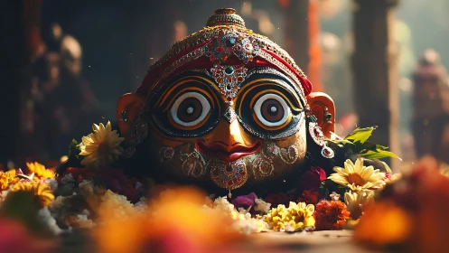 Photorealistic deity mask tableau with floral ceremonial foreground.
