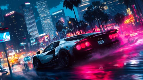 Sports car moves through neon lit rainy city street at night