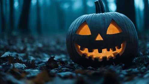 Lantern-hearted pumpkin grins wide in the misty forest dusk