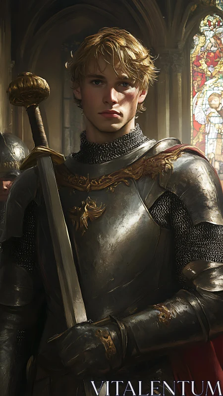 Young armored knight holding sword in dim cathedral interior.
