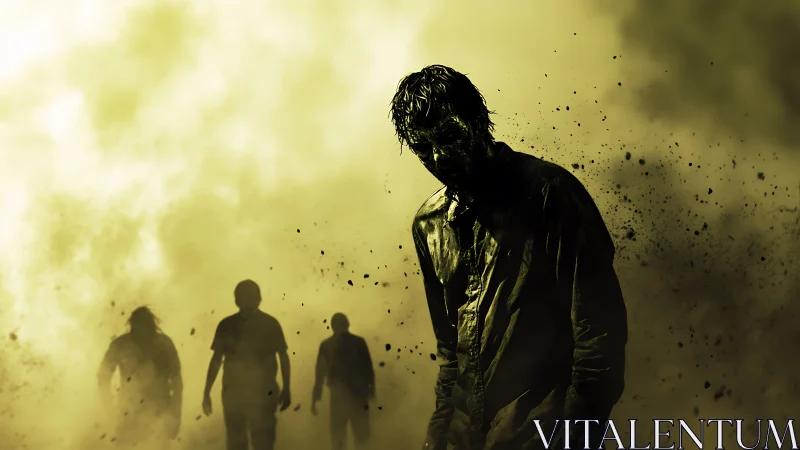 Decomposed humanoid silhouettes in toxic atmospheric backscatter.