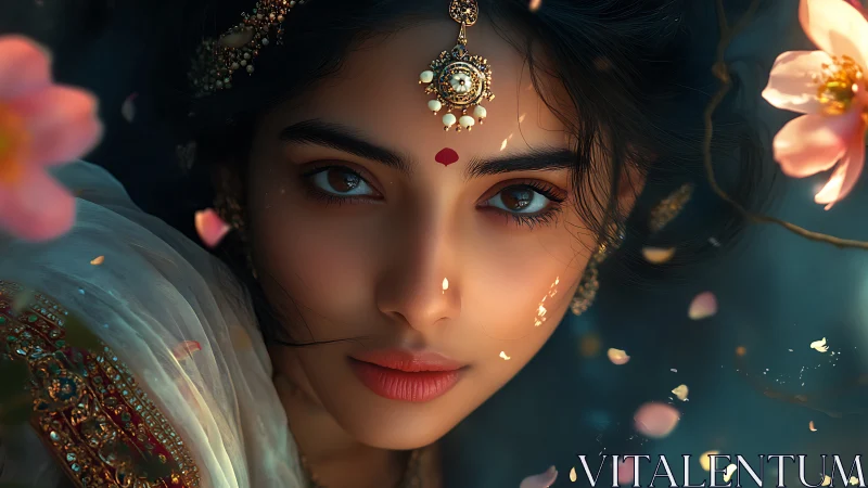 Ornate portrait of jeweled woman in soft bokeh florals