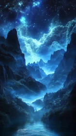 Starlit blue valley opens into a calm, mystical dreamscape