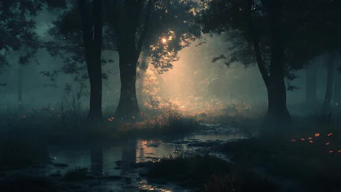 Forest stream at twilight with golden light penetrating misty canopy.