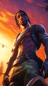 Low-angle stylized soldier render under high-saturation sunset sky