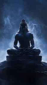 Seated meditative figure silhouette in blue atmospheric light.