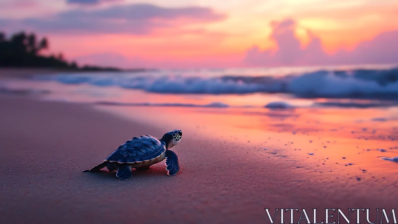 Tiny sea turtle begins a gentle journey along a glowing shore