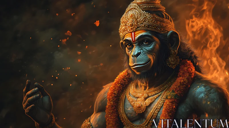 Regal monkey deity in firelit garlands and golden crown.