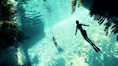 Underwater swimmers glide through sunlit turquoise pool.