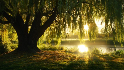 Willow tree silhouettes riverbank under golden sunrise glow.