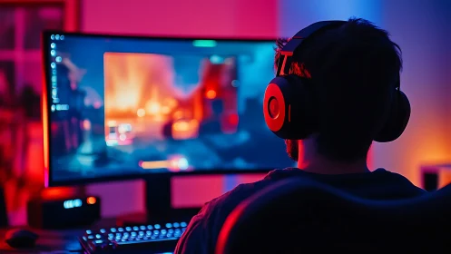 Gamer immersed in neon-lit PC setup during intense session.