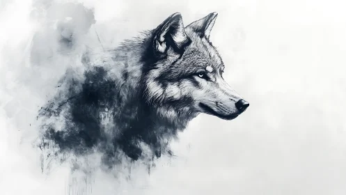 Wolf portrait emerges from mist in monochrome watercolor smoke