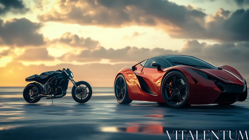 Aerodynamic hypercar and streetfighter motorcycle at sunset.