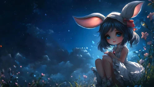 Child in bunny hat seated in moonlit meadow at night.