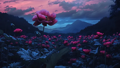 Pink flower field under twilight sky and distant mountains.