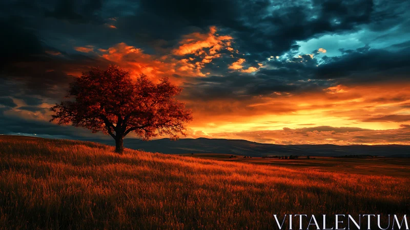 Lone ember tree glows against a storm-lit sunset sky.