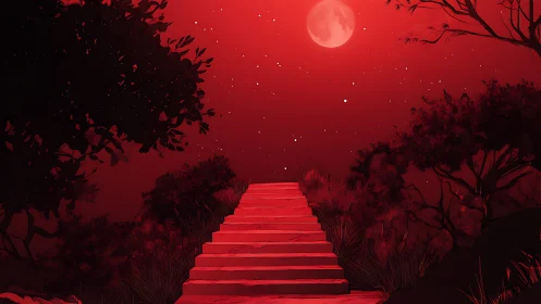 Red gradient nightscape with central stairway under blood moon