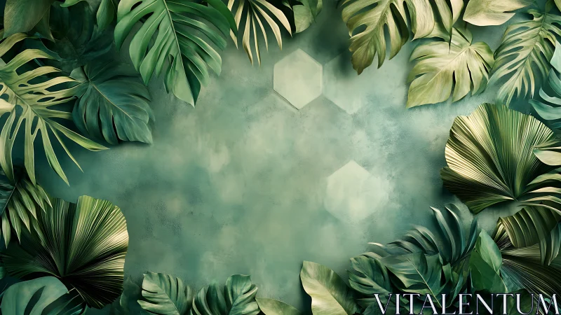 Layered tropical foliage framing textured teal background