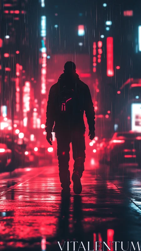 Lone figure walks neon city street under steady rainfall