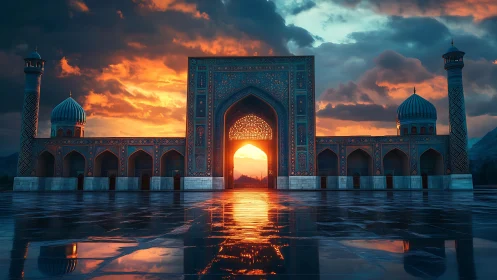 Sunlit mosque portal reflects across storm-wet marble courtyard