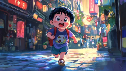 Joyful child running through sunlit neon alleyway street