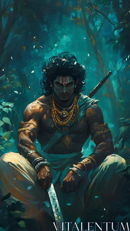Muscular warrior sits in dense forest holding a sword
