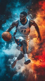 Dynamic digital painting of basketball player in motion.