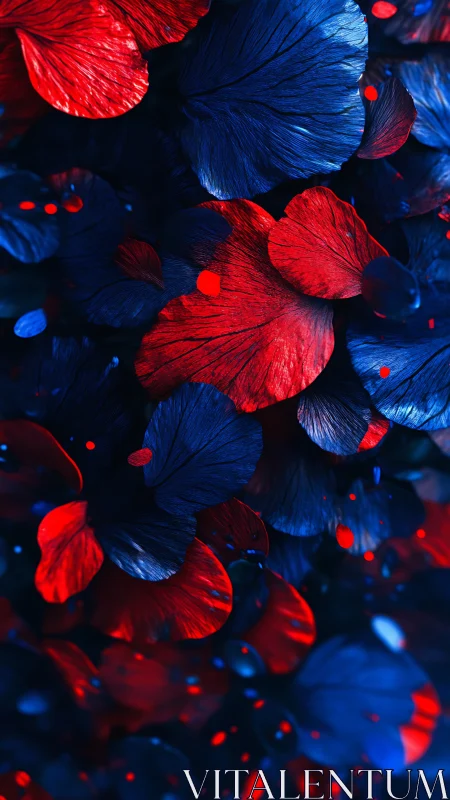 Crimson and cobalt petals drift in an abstract neon glow