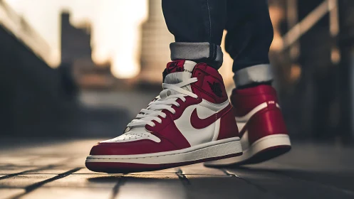 Sunset city strides in bold red high-top sneaker glory.