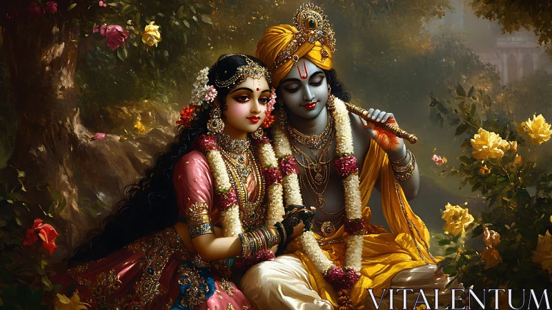 Divine couple rest in luminous forest, garlands glowing bright.