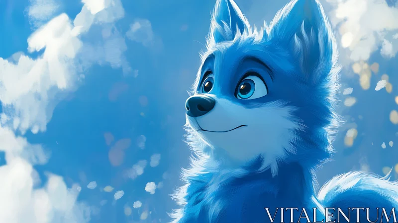 Blue cartoon fox character against soft sky background.