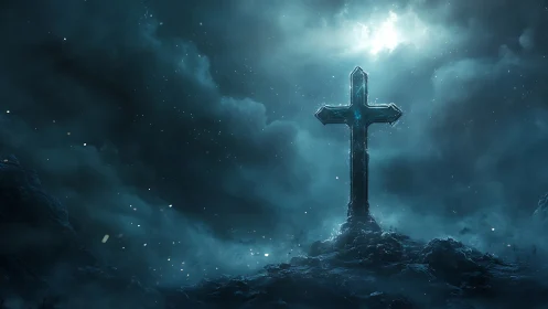 Luminous stone cross rises from misted rocky hill at night