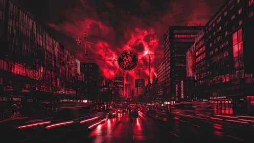 Neon red dystopian city avenue under storm-laden skies.
