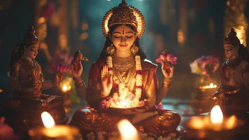Goddess statue with lotus and lamps in warm candle glow.