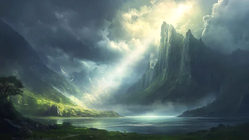 Epic digital painting of luminescent mountain fjord vista.