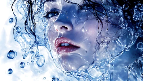 Submerged female portrait glows through swirling blue water