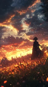 Silhouetted wanderer faces burning horizon at ember dusk.