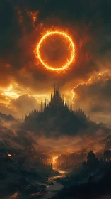 Fiery ring over dark spired citadel in volcanic valley.