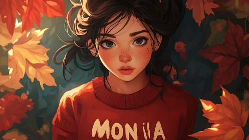 Autumn-eyed dreamer resting in a swirling halo of leaves.