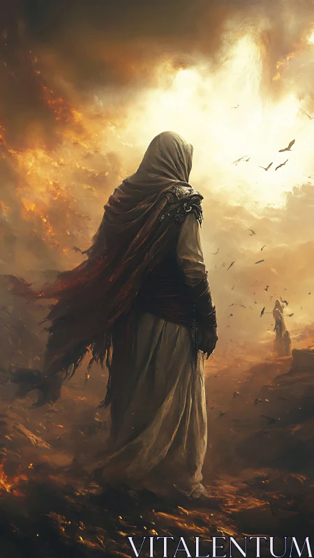 Cinematic digital painting of robed wanderer in burning wasteland.
