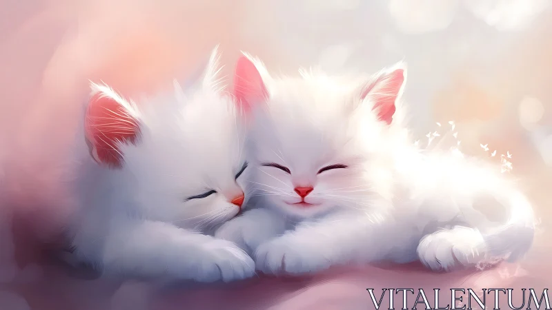 Paired White Kittens with Pink Accents in Dreamlike Ethereal Setting.