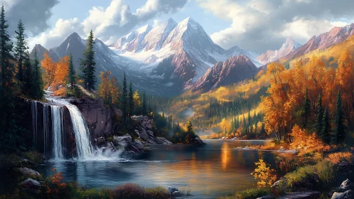 Autumn alpine lake with cascading waterfall and snow peaks