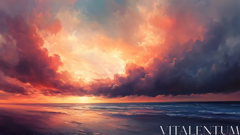 Sunset storm clouds ignite reflective ocean horizon glow.