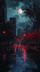 Moonlit city street glows with red reflections after rain
