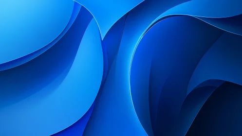 Layered curved blue surfaces form structured abstract composition