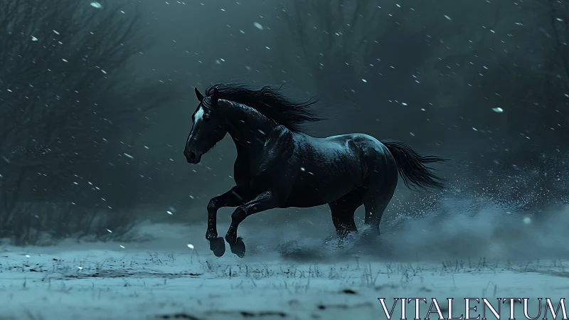 Dark horse moving through winter field during snowfall.